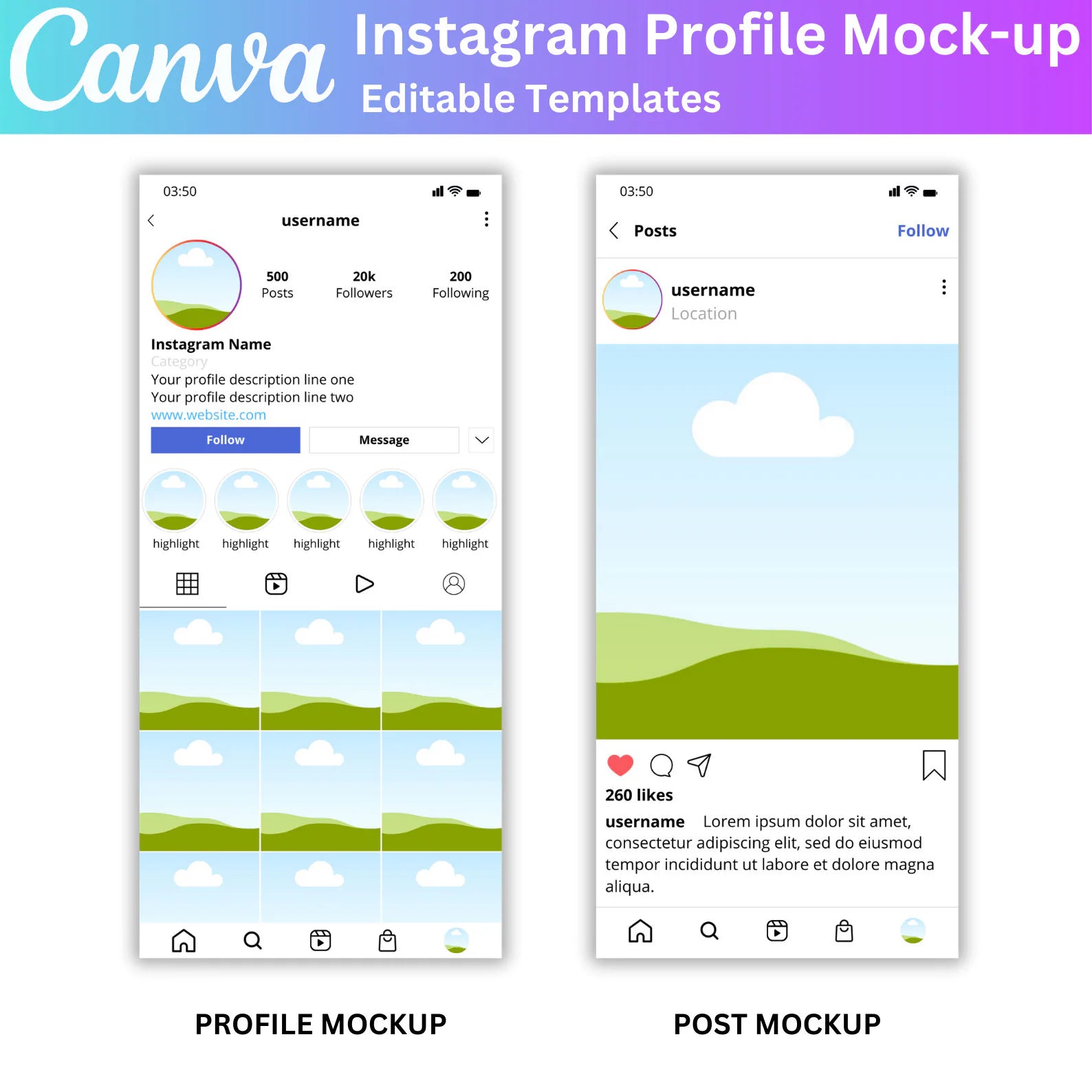 Instagram Profile Mock-up Editable Canva Templates