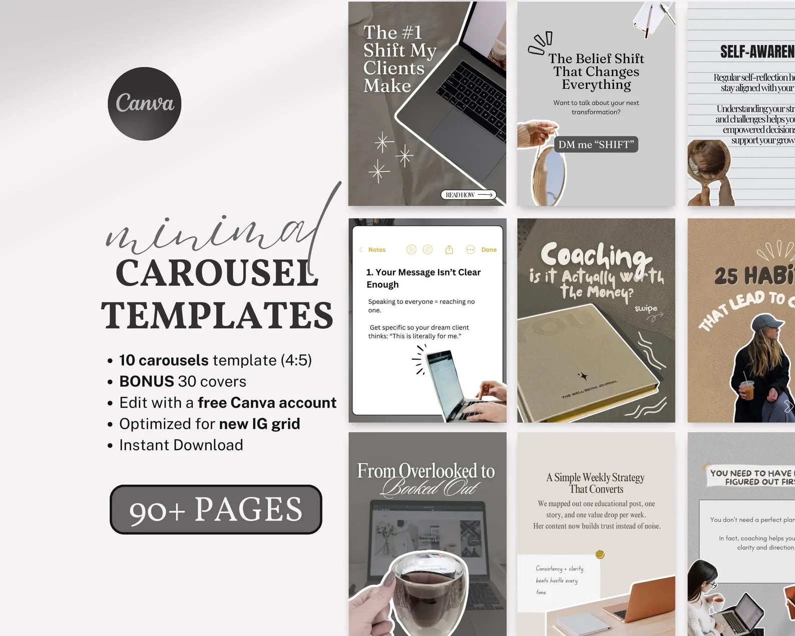 Neutral Carousel Templates Instagram for Coaches Editable Aesthetic Canva Template